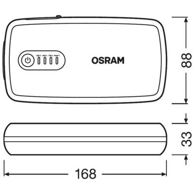 Abbildung zeigt eine tragbare OSRAM-Powerbank mit Ladeanzeige, Ein-/Ausschaltknopf und Maßen: 168 mm x 88 mm x 33 mm.