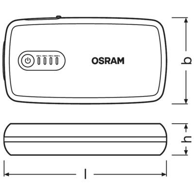 'Öffnung in OSRAM-Lampe mit Ladezustandsanzeige von 25% bis 100% und Maßen L, B, H.'