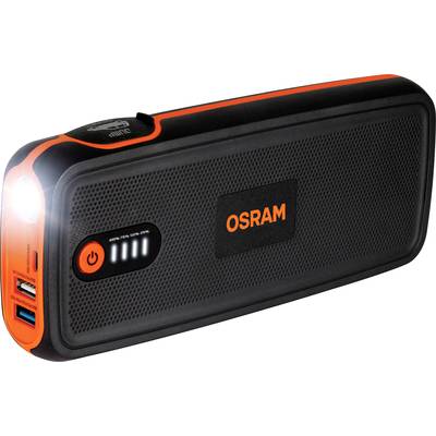 Ein schwarzer tragbarer Akku von Osram mit eingebautem Licht, mehreren USB-Anschlüssen und einer Ladestandanzeige.
