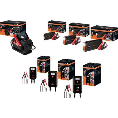 'Autobatterie-Ladegeräte und -Booster: Mehrere Produktvarianten, darunter tragbare und stationäre Modelle, mit Zubehör.'