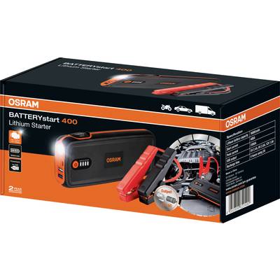 'OSRAM BATTERYstart 400 Lithium Starter' Produktverpackung, zeigt tragbares Starthilfegerät für Autos und Zubehör, einschließlich USB-Anschlüssen.