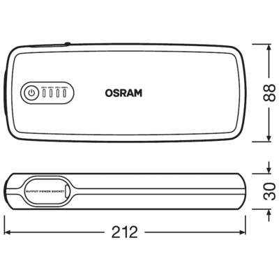 Abbildung zeigt eine tragbare Powerbank mit der Aufschrift 'OSRAM', Abmessungen 212 x 88 x 30 mm, mit Anschlußbuchsen an der Seite.