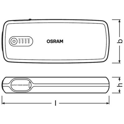 Powerbank-Skizze mit Aufschrift 'OSRAM'. Oben: Draufsicht mit Power-Taste. Unten: Seitenansicht mit Anschluss. Maße b, h und l angegeben.
