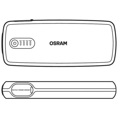 Ein rechteckiges OSRAM-Gerät mit einem Leistungs- und Ladestatus-Button. Seitenansicht zeigt einen Ausgangsstromanschluss.