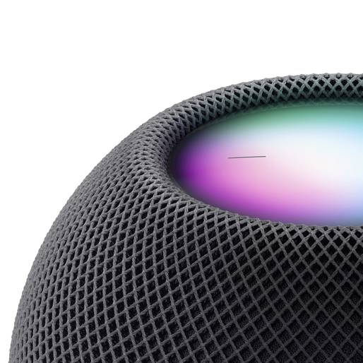 Apple HomePod mini in Nahaufnahme, graues Mesh-Gehäuse mit leuchtender Oberseite.