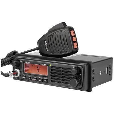CB-Funkgerät mit Mikrofon, Anzeige zeigt Kanal 9. Schwarzes Gehäuse, links Bedienknöpfe und rotes Display, Mikrofon obenauf.