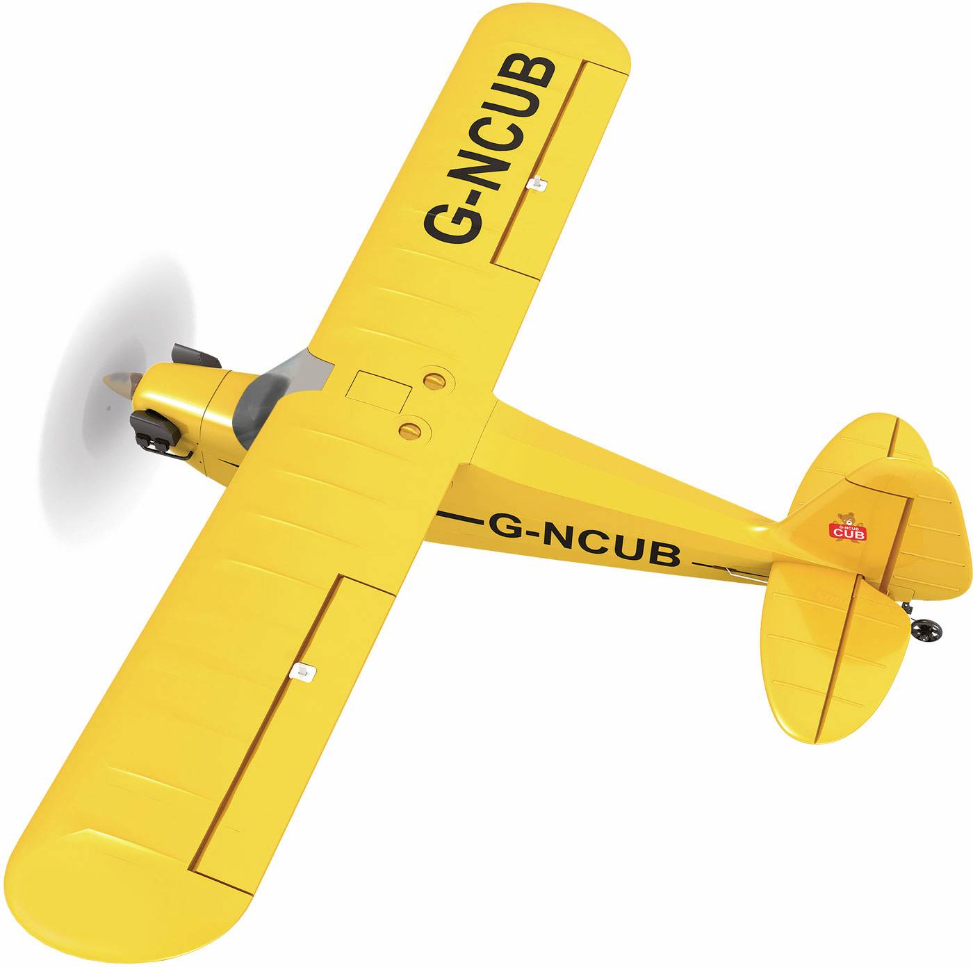 Ein gelbes, einmotoriges Modellflugzeug mit der Aufschrift 'G-NCUB' auf den Flügeln, fliegt in der Luft.