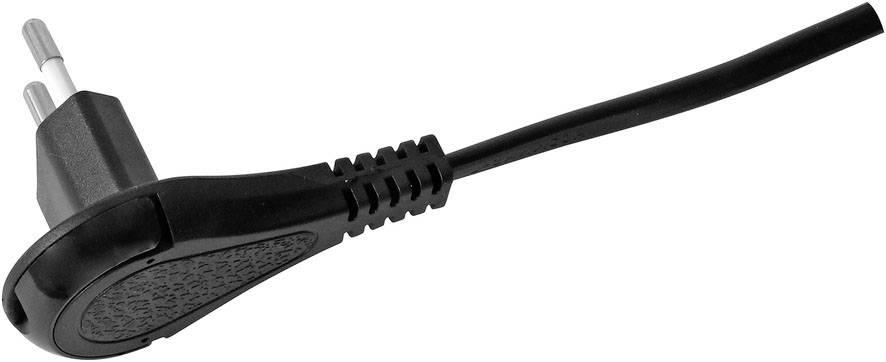 Ein schwarzer Netzkabelstecker liegt seitlich.