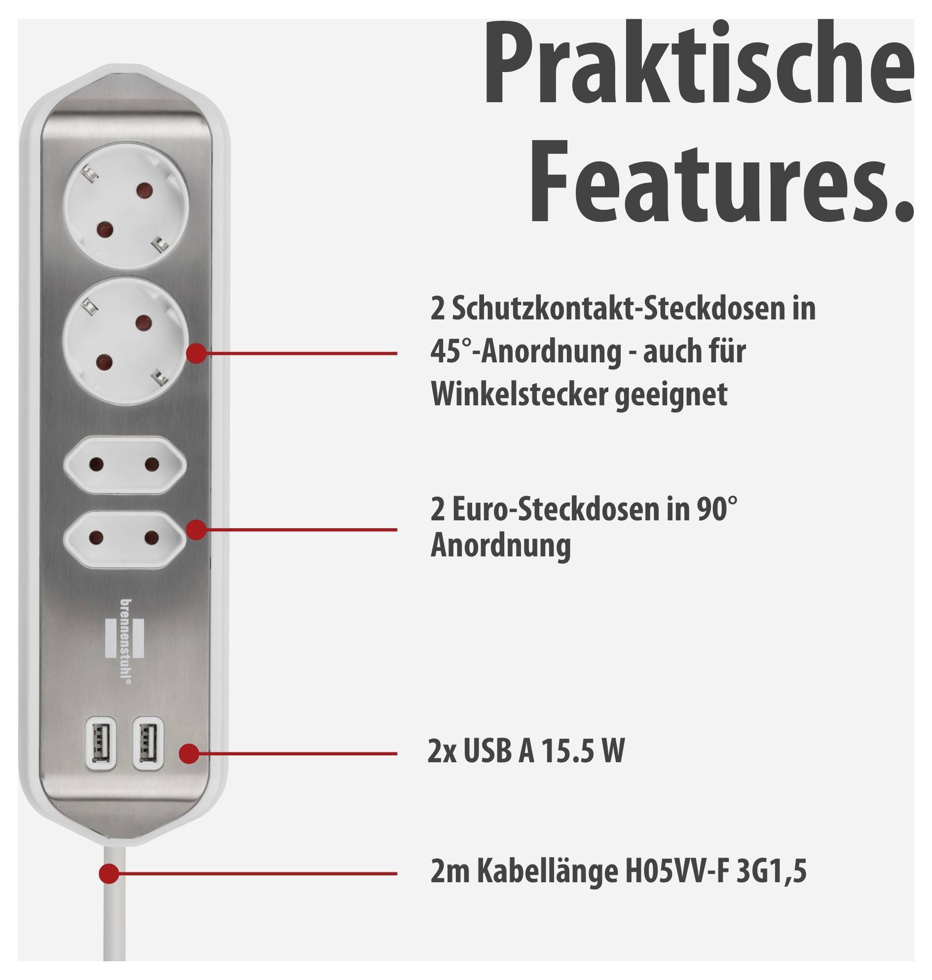 Mehrfachsteckdose mit 2 Schutzkontakt- und 2 Euro-Steckdosen sowie 2 USB-A-Anschlüssen; 2 m Kabel, praktische Features hervorgehoben.
