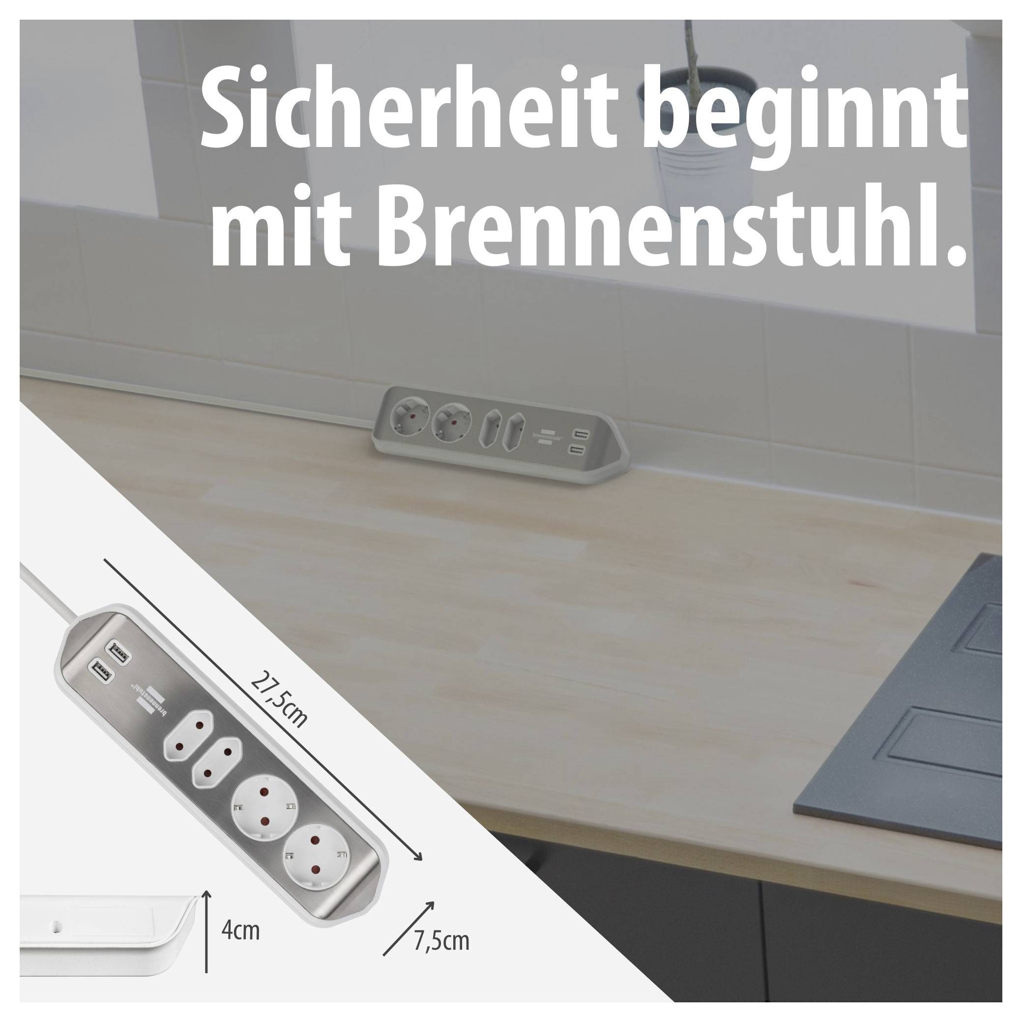 Werbebild für eine Brennenstuhl-Steckdosenleiste mit dem Slogan 'Sicherheit beginnt mit Brennenstuhl.'; gezeigt sind Maße: 27,5 cm Länge, 4 cm Höhe, 7,5 cm Breite.<br>