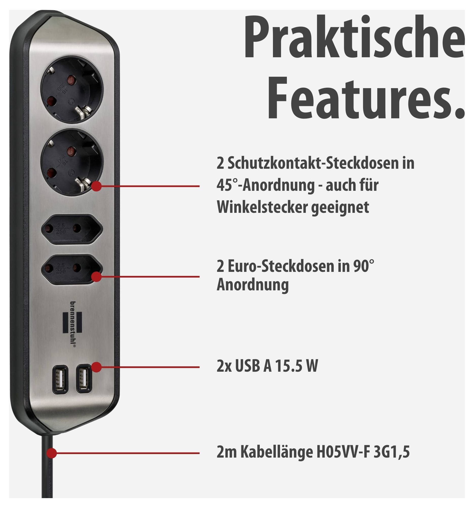 Steckdosenleiste mit 'Praktische Features': 2 Schutzkontakt-Steckdosen, 2 Euro-Steckdosen, 2x USB-A 15,5 W und 2 m Kabellänge.