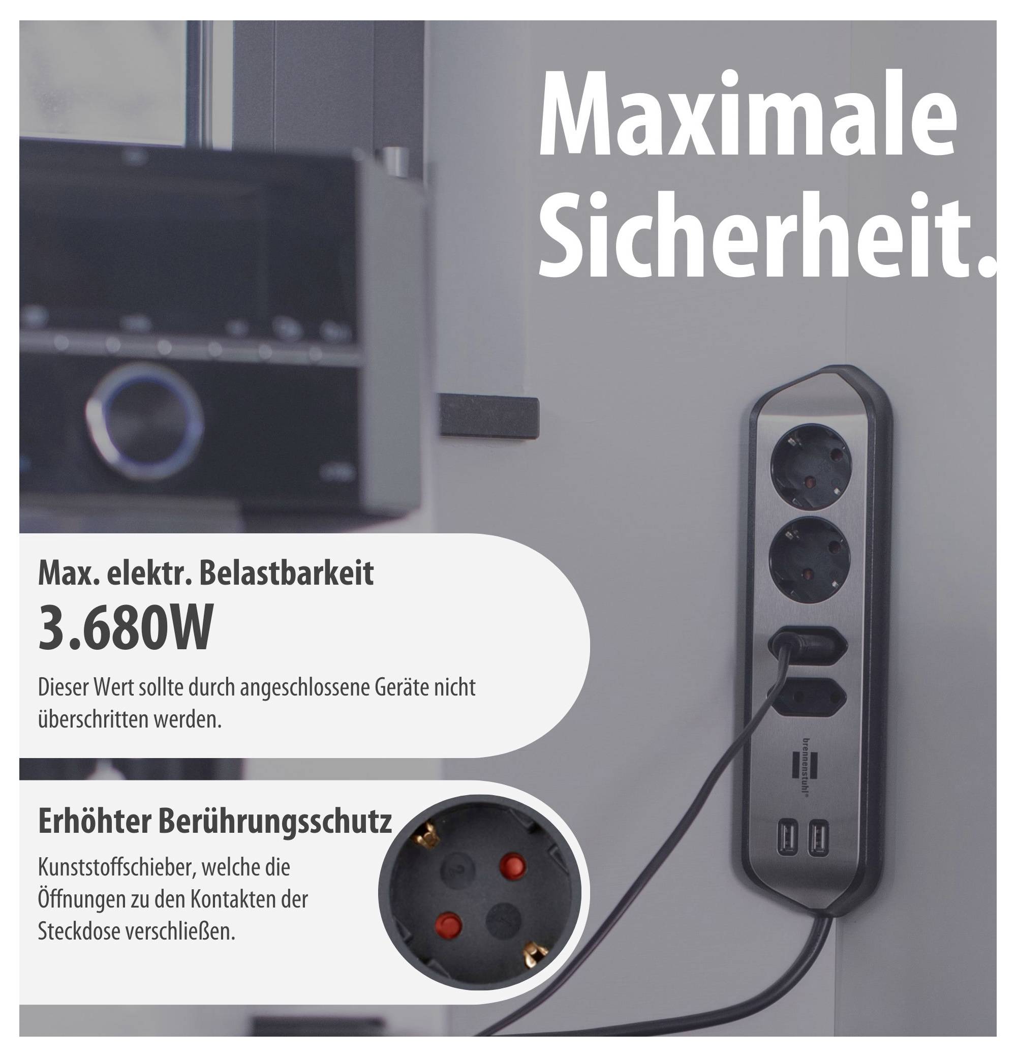 Steckdosenleiste mit Hinweis auf maximale Sicherheit: max. elektrische Belastbarkeit 3.680 W und erhöhter Berührungsschutz durch Kunststoffschieber.