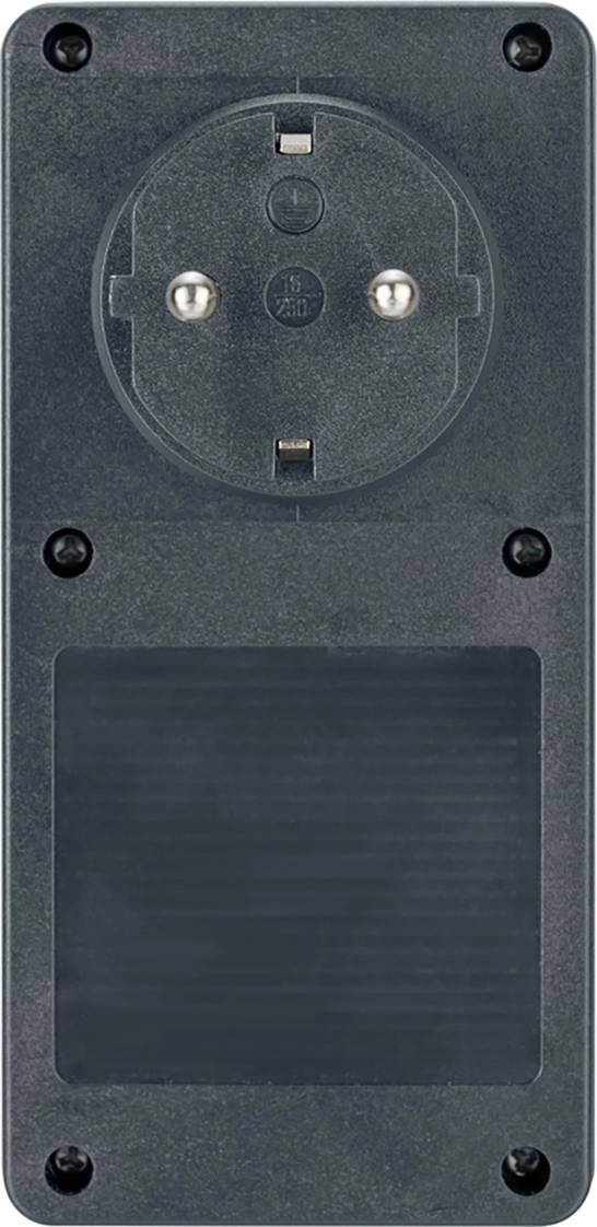 Schwarze Steckdose mit Schuko-Steckeraufnahme und rechteckigem, dunklem Bereich darunter, eventuell für ein Display oder Sensor.