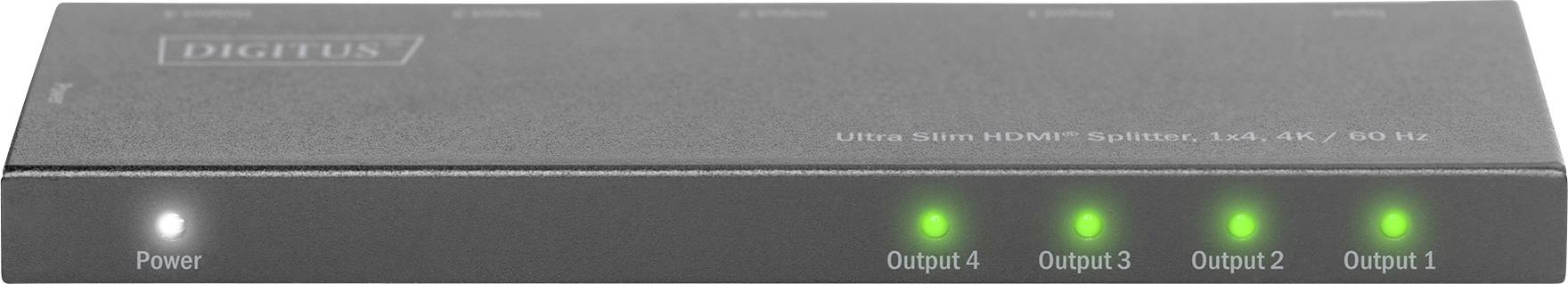 HDMI-Splitter mit fünf leuchtenden LEDs für Power und Ausgänge 1 bis 4. Gerät zur Verteilung eines HDMI-Signals an mehrere Displays.