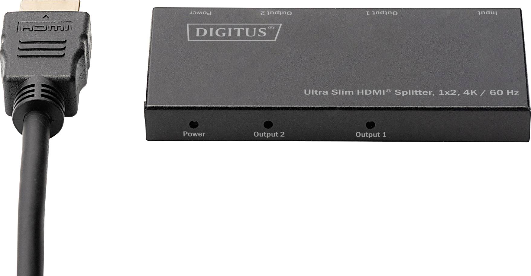 Ein 'Digitus' HDMI-Splitter verbindet einen HDMI-Eingang mit zwei Ausgängen, unterstützt 4K bei 60 Hz. Links ist das HDMI-Kabel.