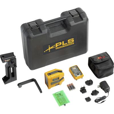 Werkzeugset mit schwarzem Koffer, Kreuzlinienlaser, Halterung, Ladegerät, Adapter, Batterien und kleinem Zubehör.