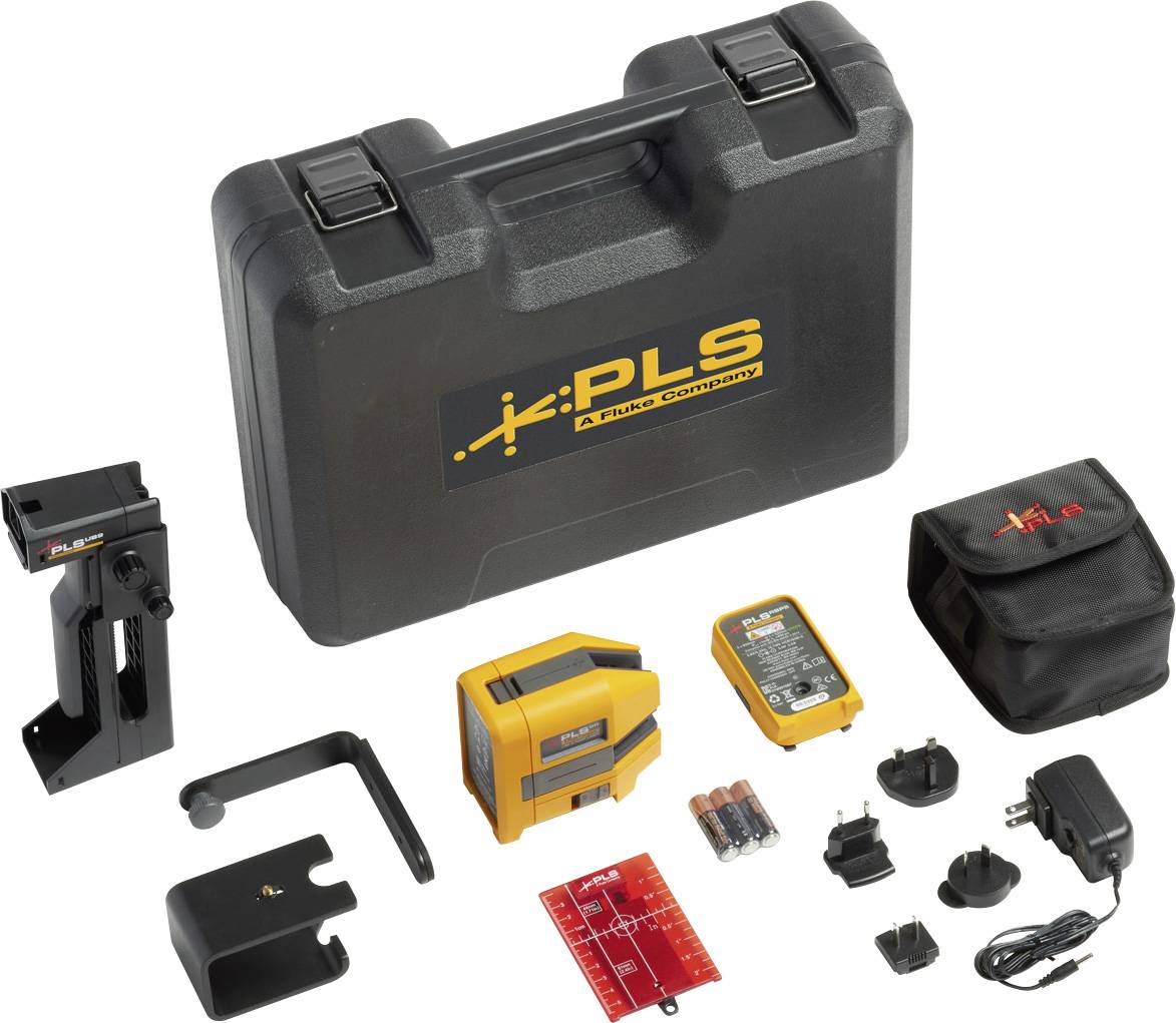 Ein schwarzer Koffer mit dem Logo 'PLS' enthält ein Laser-Nivelliergerät, Ladegerät, Batterien und Zubehör für präzises Messen.
