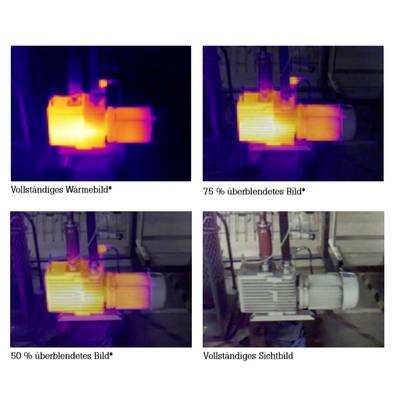 Vier Bilder zeigen ein elektrisches Gerät aus verschiedenen Perspektiven und mit unterschiedlichen Wärmebildüberlagerungen.
