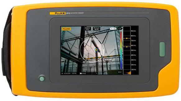 Handheld-Gerät mit Display zeigt ein Foto von elektrischen Leitungen und ein Diagramm mit Farben zur Messung akustischer Signale.