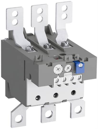 Ein dreipoliger Elektroschütz, grau und silbern, mit Befestigungslöchern und Schraubverbindungen, zur Steuerung von Stromkreisen.