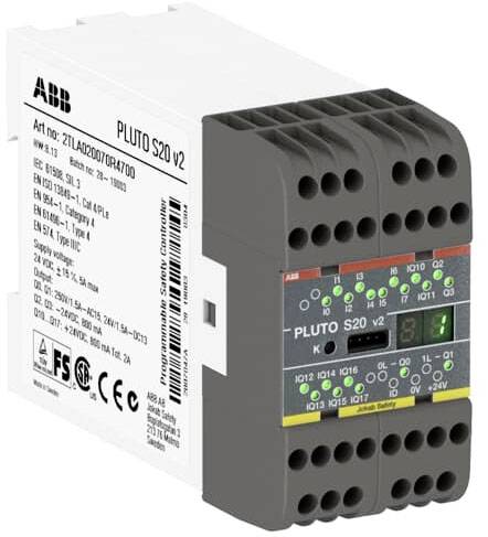 Programmierbares Sicherheitssteuerungsmodul 'PLUTO S20 v2' von ABB mit mehreren Ein- und Ausgängen, geeignet für industrielle Anwendungen.