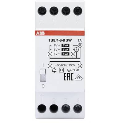 'ABB TS8/4-6-8 SW' Zeitschaltuhr mit Spannungseinstellungen 4V, 6V, 8V, 1A bei 230V, 50/60Hz. Symbol und Beschriftungen auf weißem Gehäuse.