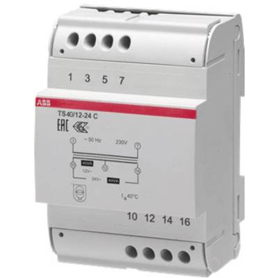 Ein 12-24 Volt Transformator von ABB für die DIN-Schienenmontage, Typ TS40/12-24 C, geeignet für 50 Hz und 230V-Anwendungen.