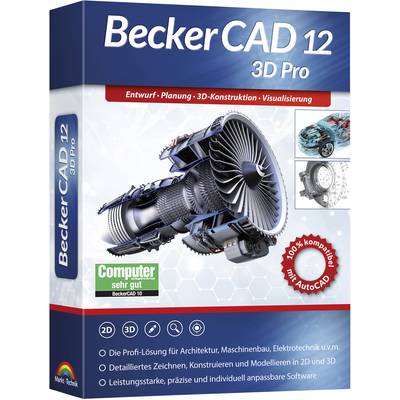 'BeckerCAD 12 3D Pro' Softwarepaket, zeigt 3D-Modelle von Turbine und Auto. Enthält Funktionen für Entwurf und 3D-Konstruktion.