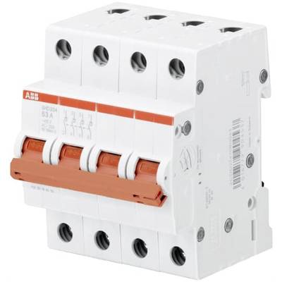 Ein vierpoliger Schutzschalter mit rotem Hebel und Markenlogo, primär zur Unterbrechung elektrischer Stromkreise verwendet.