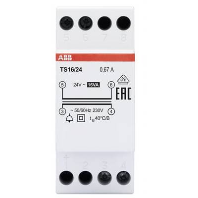 Schaltgerät ABB TS16/24 mit 0,67 A, 24V-16VA. EAC-Zertifizierung, zeigt Schaltplan und Anschlussmarkierungen für 50/60Hz, 230V.