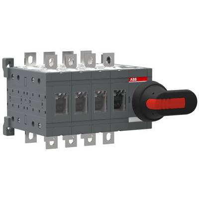 Ein grauer elektrischer Schalter mit mehreren Anschlüssen und einem großen roten Bedienhebel an der rechten Seite.
