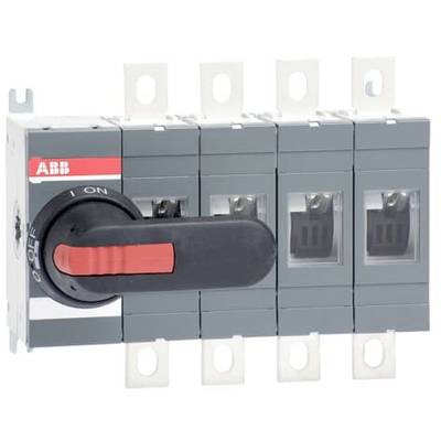 'Vierpoliger Lasttrennschalter von ABB mit rotem Schaltgriff, zeigt Position auf 'OFF'. Für elektrische Schaltungen verwendet.'