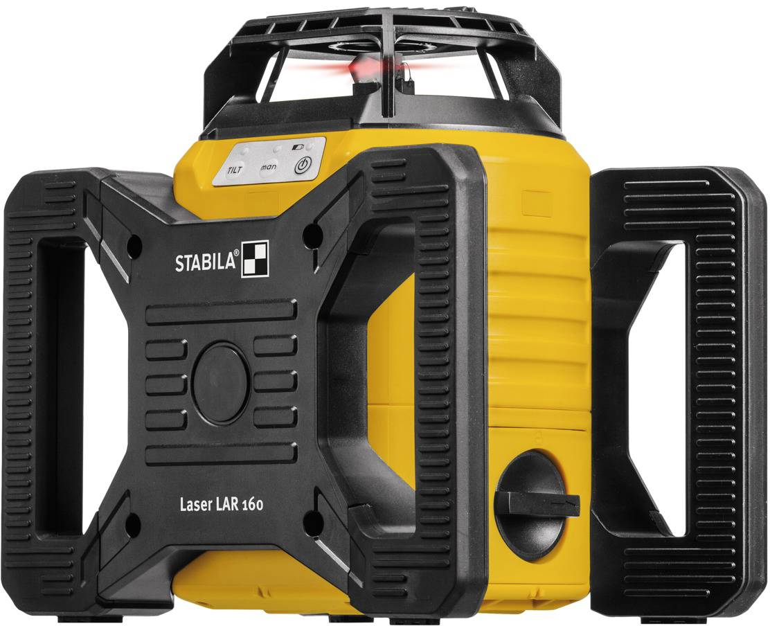 Ein gelber und schwarzer Laserrotationsmesser mit der Aufschrift 'STABILA LAR 160'. Es hat einen robusten Griff an beiden Seiten.