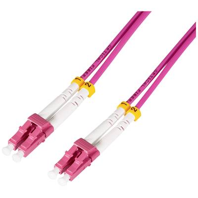 Zwei pinke Glasfaserkabel mit gelben Nummernkennzeichnungen 1 und 2, zeigen auf ihre Endstecker, die zur Datenübertragung verwendet werden.