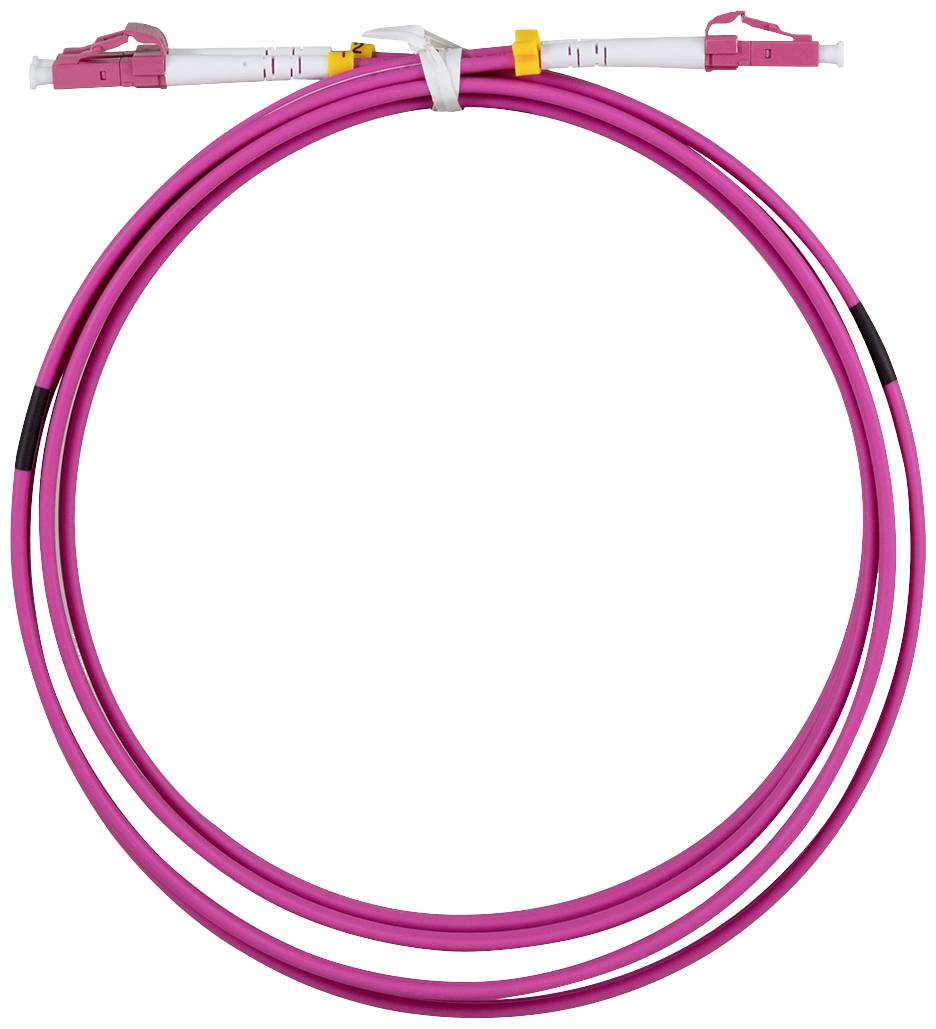 Magenta LWL-Patchkabel mit zwei LC-Steckern an beiden Enden, oft in Netzwerken verwendet, erkennbar an gelben Clips und weißen Steckern.