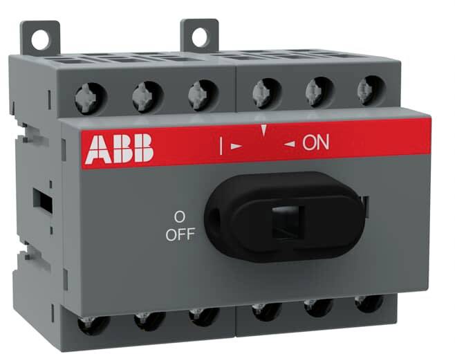 Ein grauer automatischer Sicherungsautomat mit rotem Streifen trägt das Logo 'ABB'. Er zeigt Schalterpositionen 'ON' und 'OFF'.