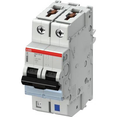 Ein zweipoliger, grauer Sicherungsautomat mit einem roten und weißen Etikett, geeignet für die Elektrosicherung.