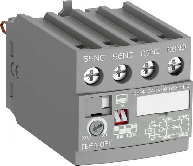 Ein graues elektrisches Schaltgerät mit vier Schraubanschlüssen und einem Displayfeld auf der Vorderseite, markiert mit 'TEF4-OFF'.
