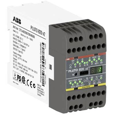 ABB Pluto B20 v2 Sicherheitssteuerung, abgebildet mit mehreren Anschlüssen und LED-Anzeigen. Etikett mit technischen Spezifikationen sichtbar.