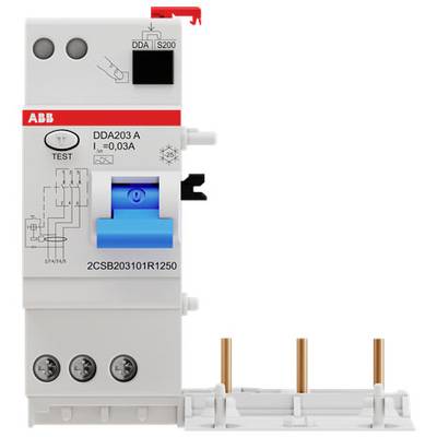 FI-Schalter von ABB, Modell DDA203 A, mit blauer Test-Taste und technischem Schema auf der Vorderseite.