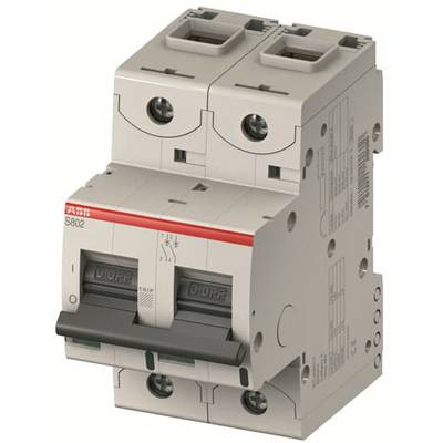 Ein zweipoliger Leistungsschalter mit rot-schwarzem Kippschalter, hergestellt von ABB, Modell S802. Geeignet für Überstromschutz.
