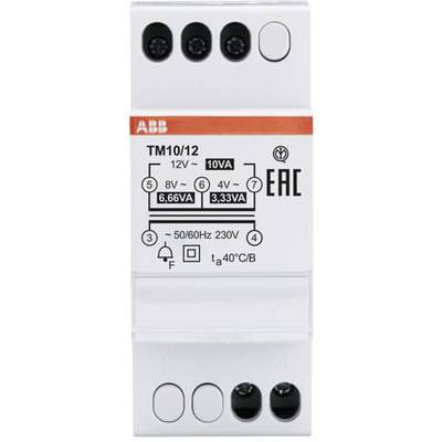 Ein ABB Transformator TM10/12 für 12V mit 10VA Leistung. Zeigt Verdrahtungsdiagramm, Nennwerte, und Sicherheitszertifikate.