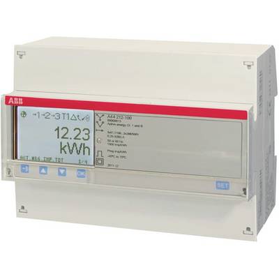 Ein digitaler Stromzähler zeigt '12.23 kWh' auf einem Display an. Oben sind Symbole und Text zu sehen.