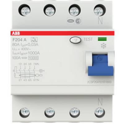 Ein vierpoliger FI-Schutzschalter mit blauer Hebel, rotem 'ABB'-Logo oben links, geeignet für 80A, 400V und 30mA.