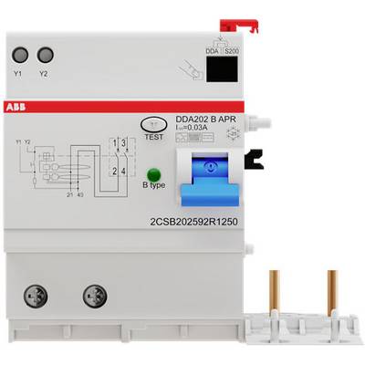 Ein Fehlerstromschutzschalter der Marke ABB, Modell DDA202 B APR, mit blauem Schalter und technischer Beschriftung auf der Vorderseite.