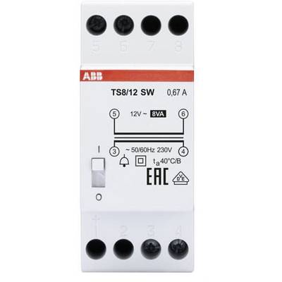 Elektrischer Überspannungsschutzschalter, weiß, mit Anschlüssen oben und unten, zeigt 12V, 8VA, 50/60Hz, 230V, 0,67 A.