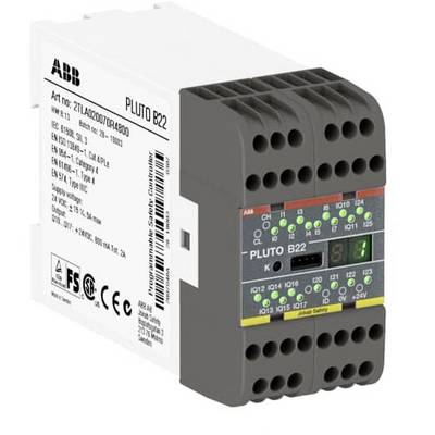 Ein elektronisches Steuergerät von ABB mit Bezeichnungen, Anschlüssen und technischen Details auf der Vorderseite sichtbar.