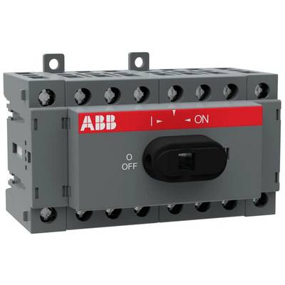 'ABB' Schalter im eingeschalteten Zustand, zeigt auf 'ON'. Graues Gehäuse mit rotem Streifen, mehrere Befestigungspunkte oben.