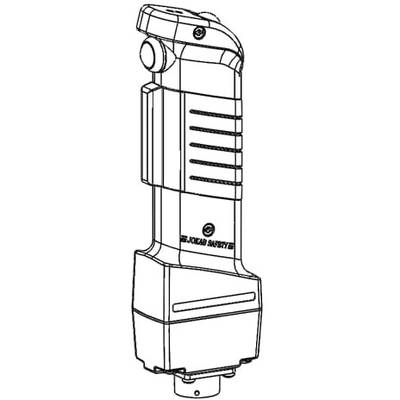 Ein schraffierter, technischer Zeichnungsentwurf eines industriellen Handgriffsensors mit Logo 'SCHAB SAFETY' auf der Vorderseite.