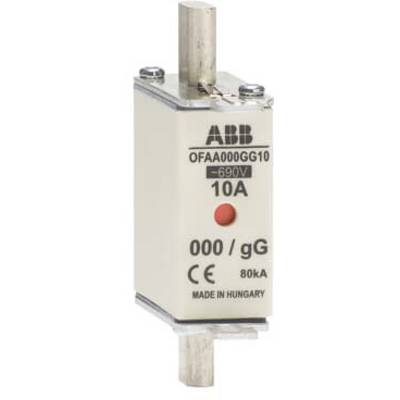 Sicherungseinsatz der Marke ABB, Modell OFAA000GG10, Nennspannung 690V, 10A, 80kA, hergestellt in Ungarn.